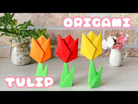 【春の折り紙】チューリップの花とくきの折り方音声解説付☆Origami Spring flower tulip tutorial/たつくり